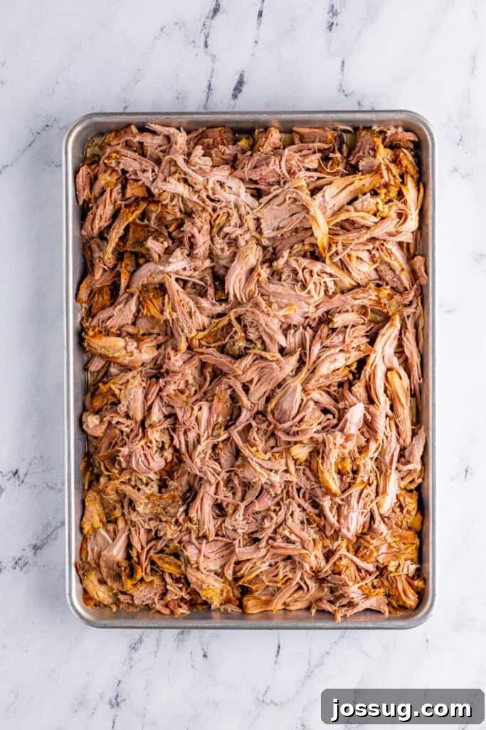Shredded Slow Cooker Carnitas spread on baking sheet before broiling