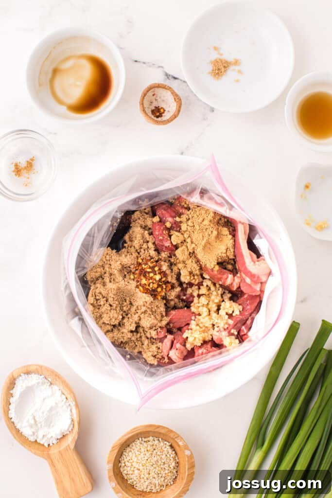 Ingredients for Korean Beef Bulgogi added to a sealable bag with sliced beef, garlic, brown sugar, soy sauce, and chili flakes