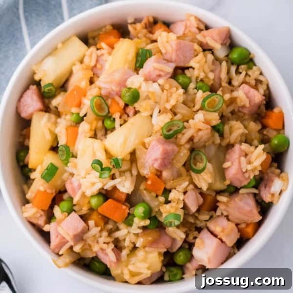 bowlful of ham and pineapple fried rice