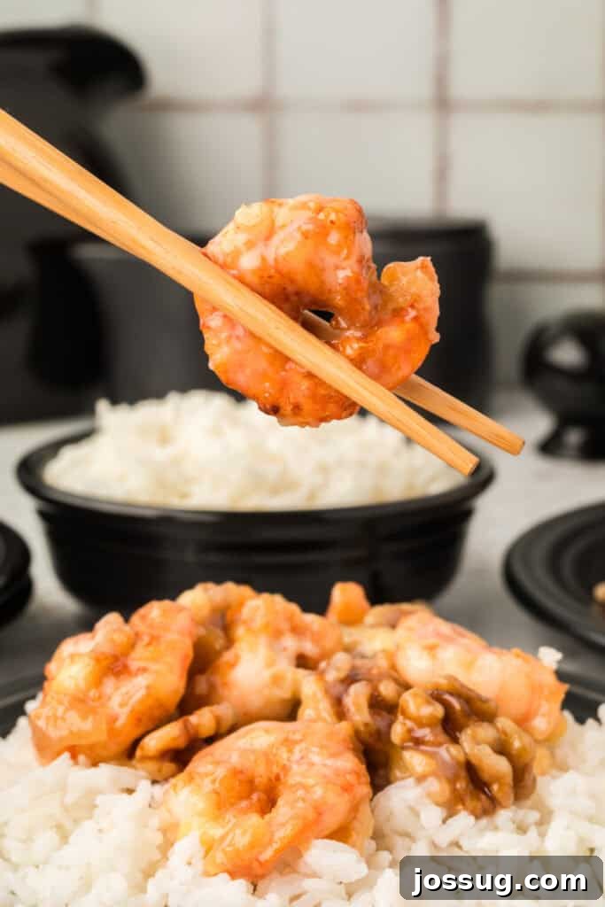 Crispy Honey Walnut Shrimp Recipe: Restaurant-Style at Home 22 Chopsticks holding a piece of Honey Walnut Shrimp above white rice and candied walnuts