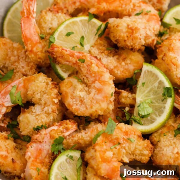Crispy Honey Walnut Shrimp Recipe: Restaurant-Style at Home 24 Close up of crispy coconut shrimp garnished with lime wedges and chopped cilantro.