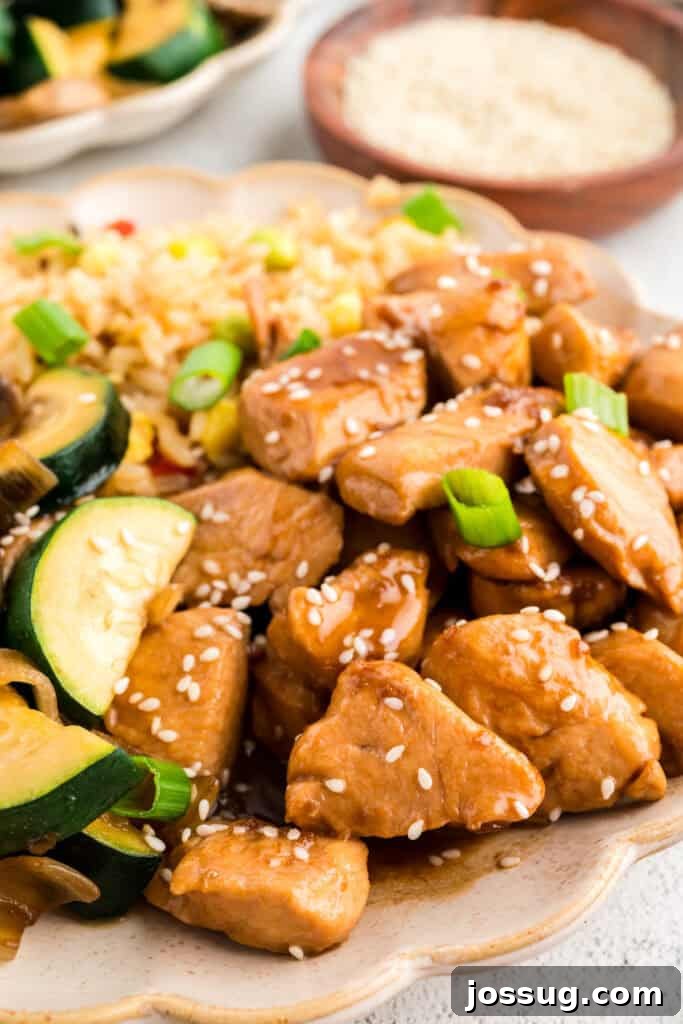 Homemade Hibachi Chicken: Restaurant-Style Recipe You’ll Love 2 Close-up of Hibachi Chicken with fried rice, zucchini, mushrooms, sesame seeds, and green onions on a plate for an easy Japanese steakhouse-style dinner.