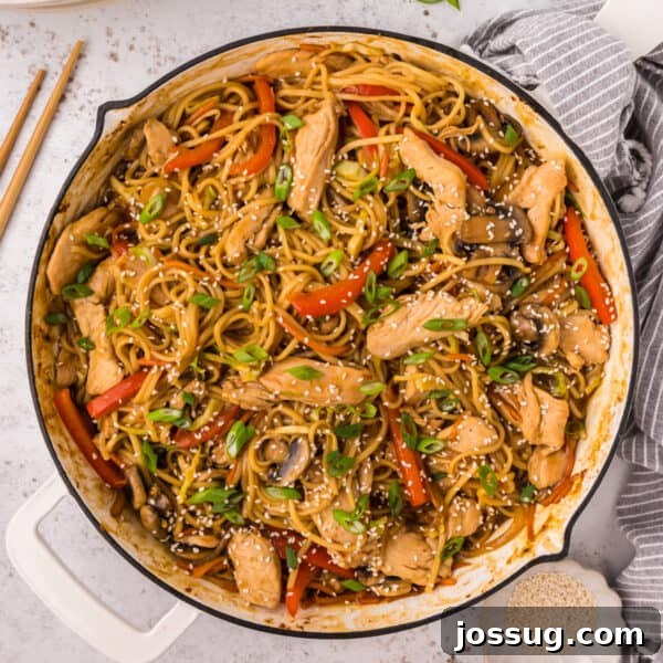 Homemade Hibachi Chicken: Restaurant-Style Recipe You’ll Love 18 Square overhead image of Chicken Lo Mein in skillet topped with sesame seeds and green onions
