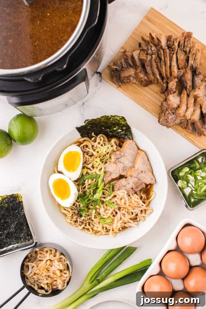 Instant Pot Pork Ramen Recipe: Homemade Broth in 30 Minutes 11 Bowl of Instant Pot Ramen topped with sliced pork, soft-boiled eggs, bean sprouts, green onions, and nori beside an Instant Pot