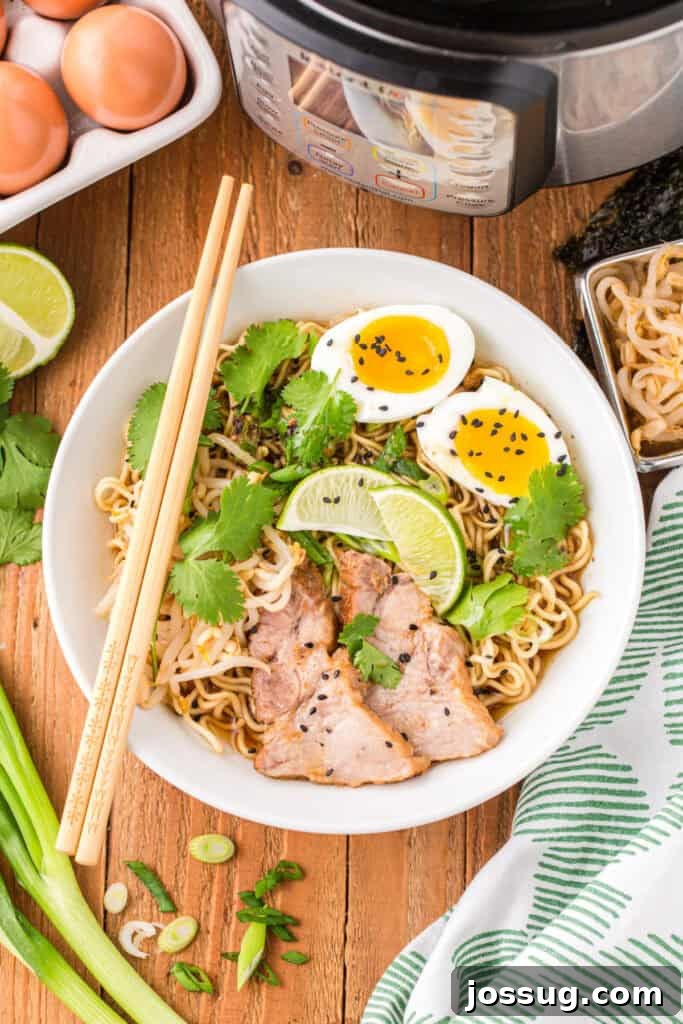Instant Pot Pork Ramen Recipe: Homemade Broth in 30 Minutes 12 Bowl of Instant Pot Ramen topped with sliced pork, soft-boiled eggs, bean sprouts, cilantro, green onions, lime wedges, and black sesame seeds