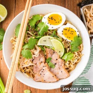 Instant Pot Pork Ramen Recipe: Homemade Broth in 30 Minutes 15 Square image of Instant Pot Ramen topped with sliced pork, soft-boiled eggs, bean sprouts, cilantro, lime wedges, black sesame seeds, and chopsticks