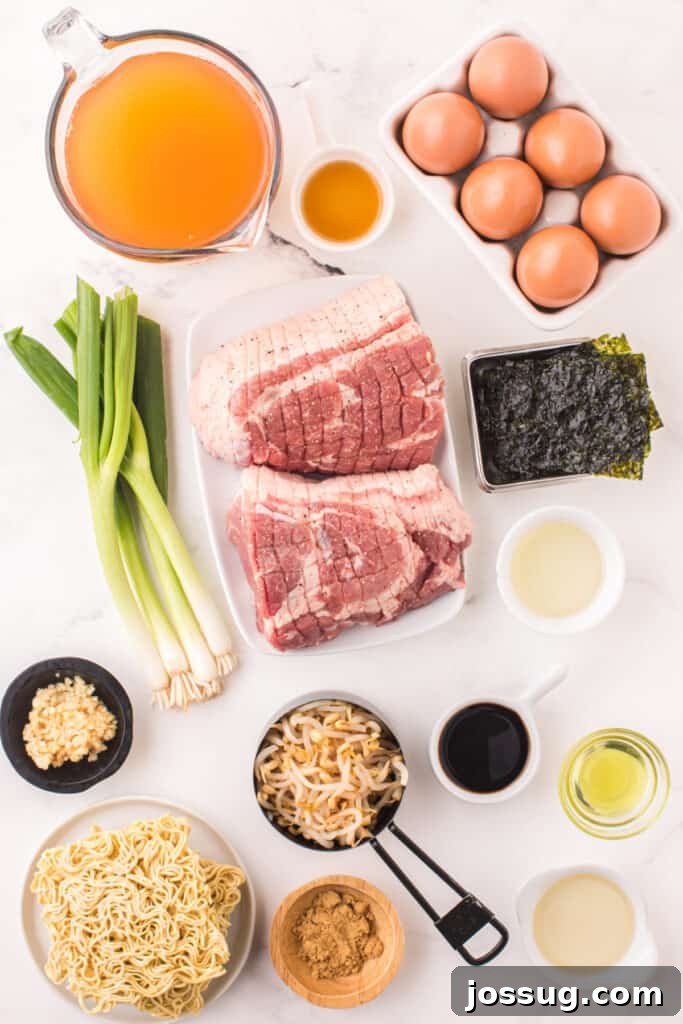 Instant Pot Pork Ramen Recipe: Homemade Broth in 30 Minutes 3 Ingredients for Instant Pot Ramen including pork shoulder, eggs, green onions, ramen noodles, bean sprouts, nori, broth, garlic, and seasonings arranged on a white surface
