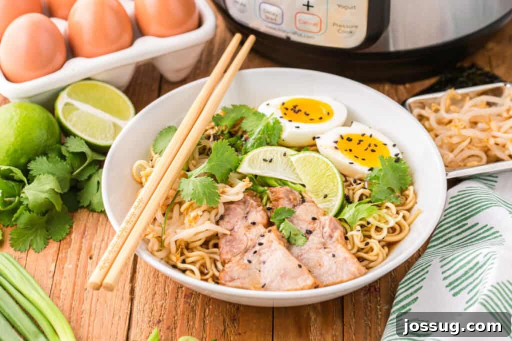 Instant Pot Pork Ramen Recipe: Homemade Broth in 30 Minutes 4 Bowl of Instant Pot Ramen topped with sliced pork, soft-boiled eggs, bean sprouts, cilantro, lime wedges, and black sesame seeds with chopsticks resting across the bowl