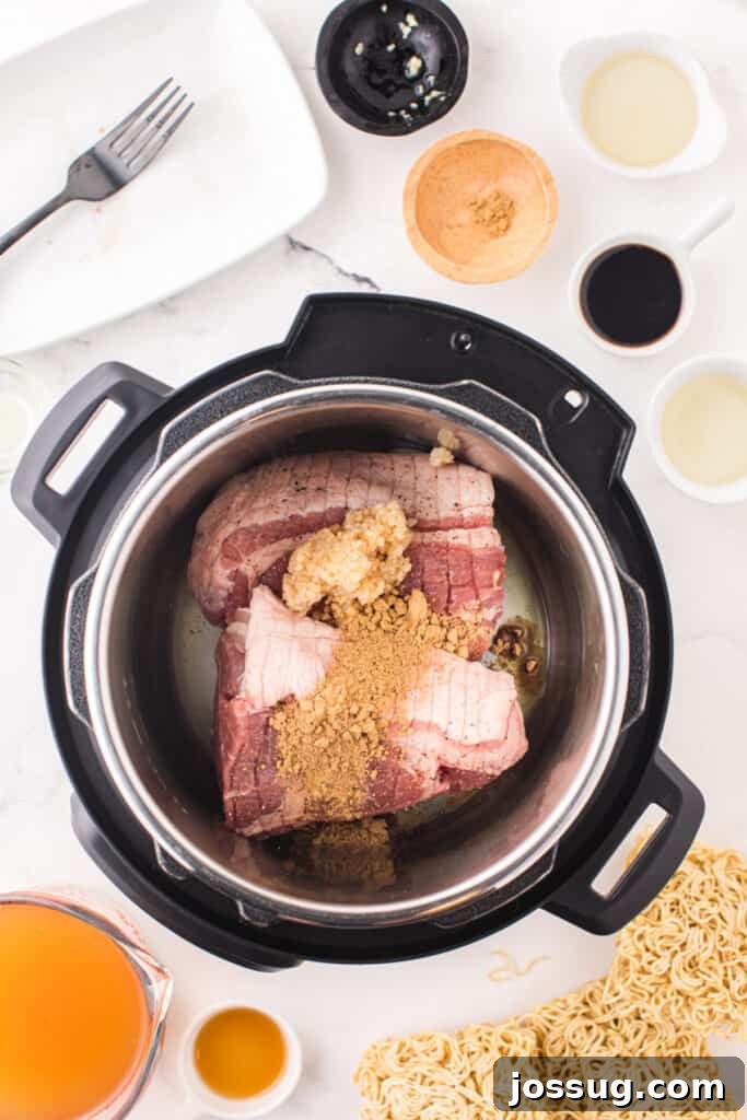 Instant Pot Pork Ramen Recipe: Homemade Broth in 30 Minutes 5 Pork shoulder in an Instant Pot with minced garlic and seasonings before cooking for Instant Pot Ramen