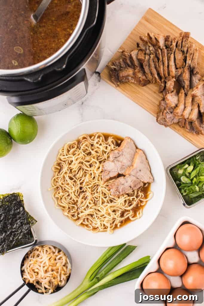 Instant Pot Pork Ramen Recipe: Homemade Broth in 30 Minutes 10 Bowl of Instant Pot Ramen with noodles and sliced pork beside an Instant Pot, sliced pork, green onions, bean sprouts, and nori