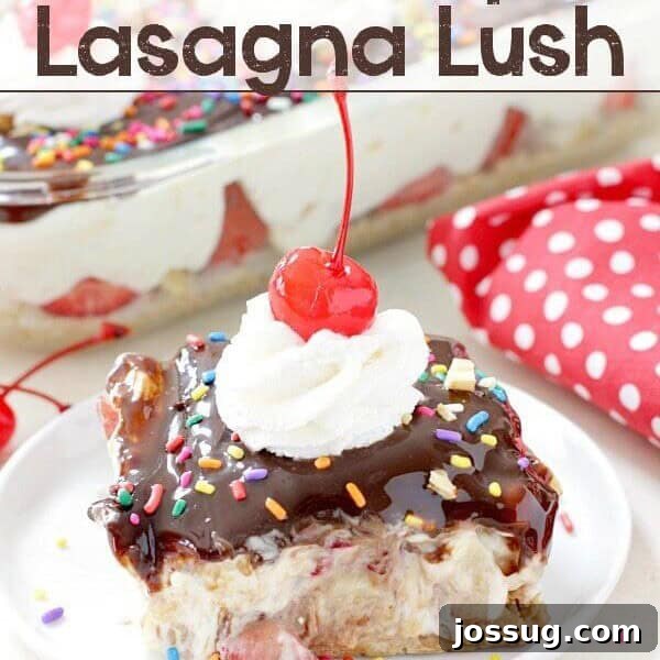 Decadent Banana Split Trifle Recipe with Layers of Cream and Fruit 24 No-Bake Banana Split Lasagna Lush on a white plate with cherries.