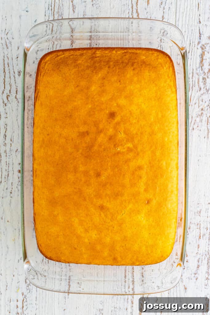 Decadent Banana Split Trifle Recipe with Layers of Cream and Fruit 5 Baked yellow cake in a clear 9x13-inch glass baking dish viewed from above for Banana Split Trifle.