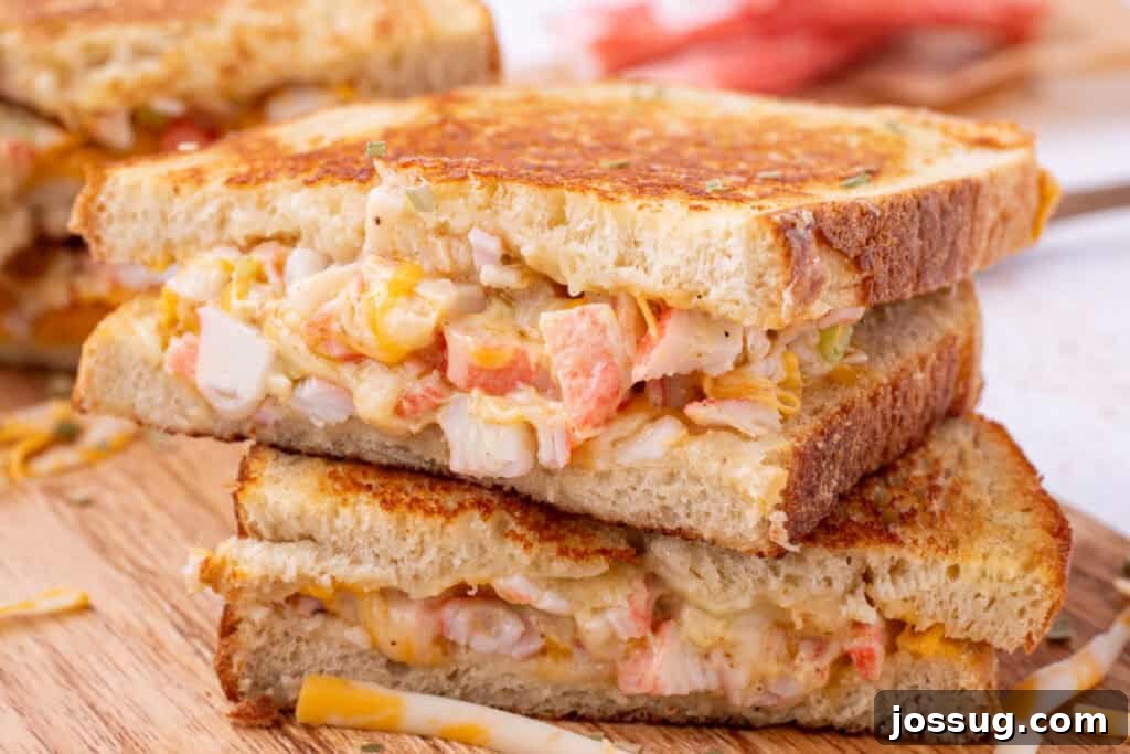 Cheesy Crab Melt: Seafood Grilled Cheese Sandwich Recipe 4 Four Cheesy Crab Melt sandwich halves stacked on a wooden cutting board showing the crab filling