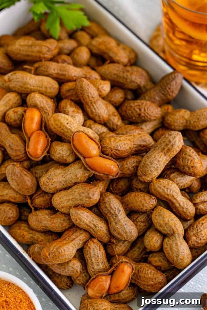 Close-up of homemade Creole Boiled Peanuts with several shells opened to show the tender peanuts inside.