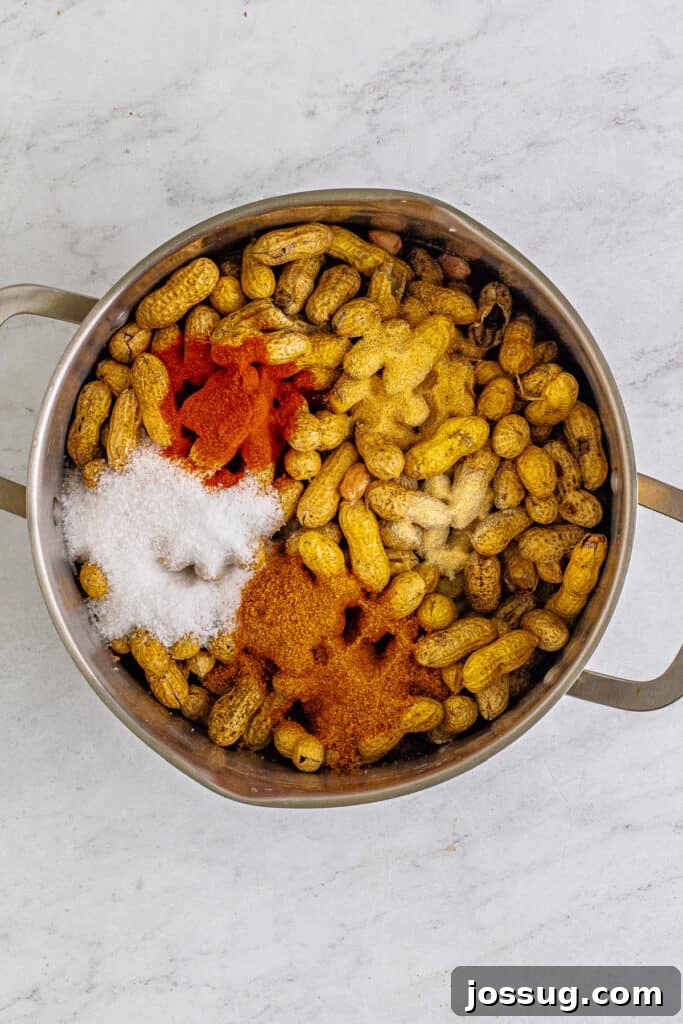 Raw peanuts topped with Creole seasoning, kosher salt, smoked paprika, garlic powder, and onion powder in a stockpot.