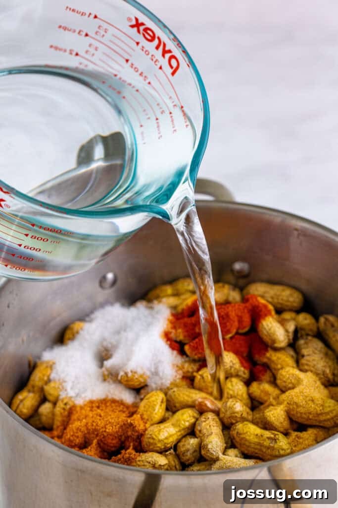 Water being poured over seasoned raw peanuts to make Creole Boiled Peanuts.