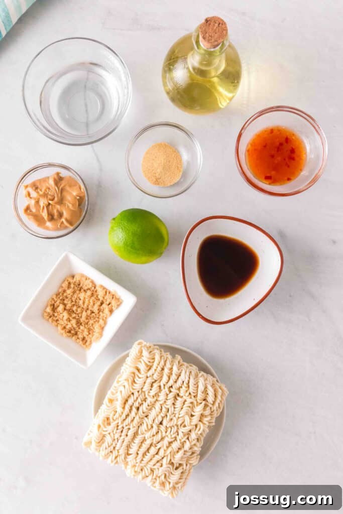 Creamy Peanut Butter Ramen Noodles Recipe in 10 Minutes 3 Ingredients for Peanut Butter Ramen Noodles including ramen noodles, peanut butter, lime, sriracha, Worcestershire sauce, brown sugar, garlic powder, olive oil, and water.