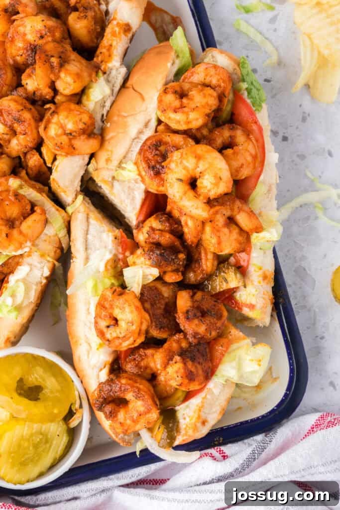 Smoky Barbecue Shrimp Po' Boy Sandwich Recipe 2 Close-up of seasoned shrimp piled onto a po'boy sandwich