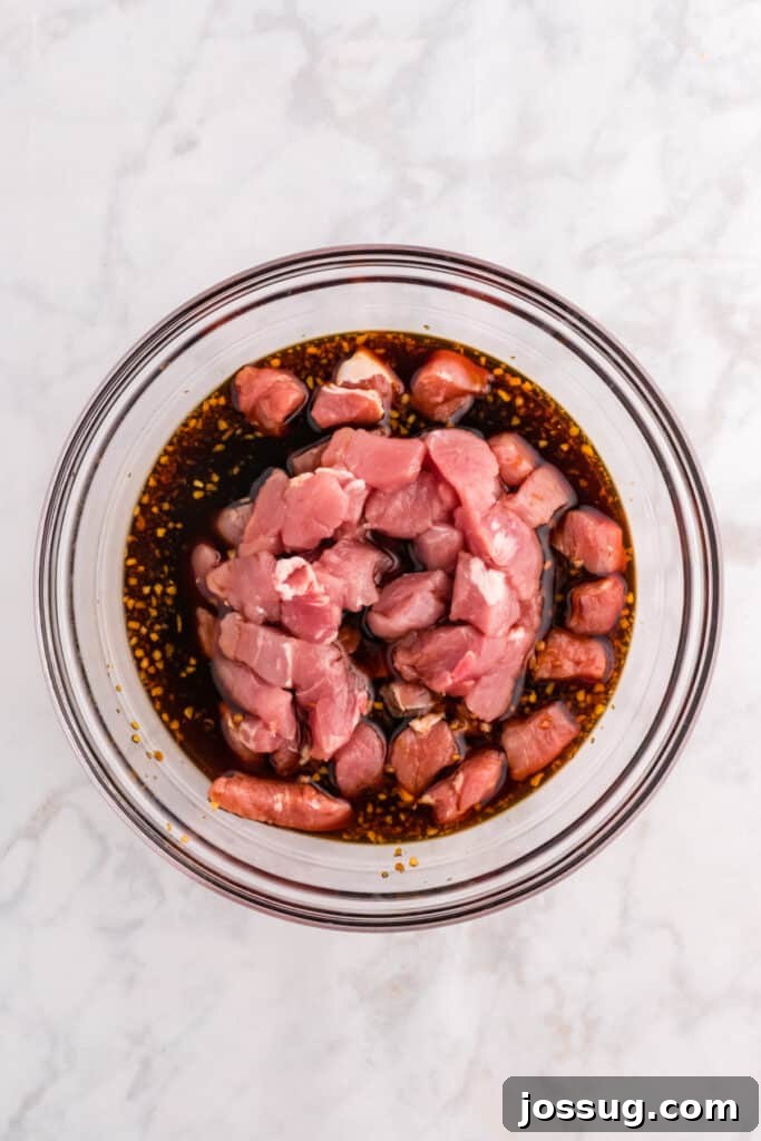 Mongolian Pork Stir-Fry: Restaurant Flavor at Home 6 Cubed pork tenderloin added to homemade Mongolian Pork marinade