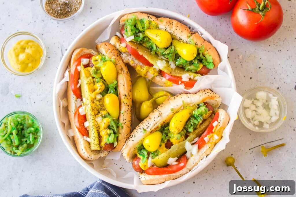 Authentic Chicago Hot Dogs with all the classic toppings served on poppy seed buns