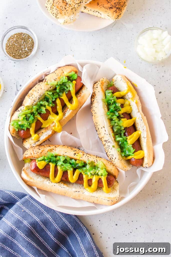 Chicago Hot Dogs topped with yellow mustard and bright green sweet relish