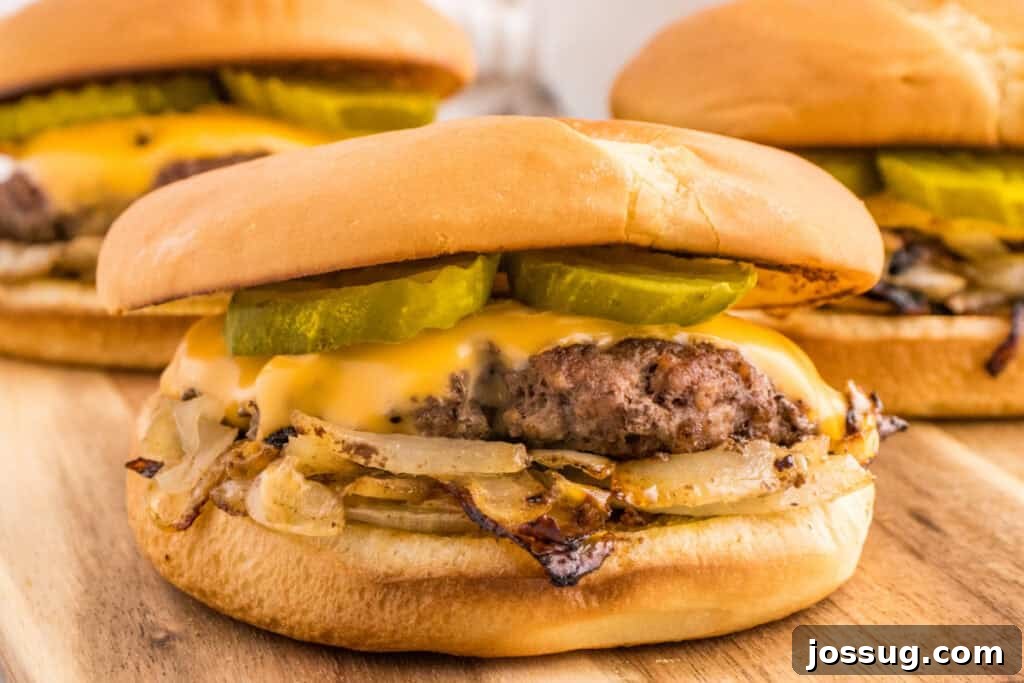 Oklahoma Onion Smash Burger Recipe with Caramelized Onions 4 Close-up of a homemade Oklahoma onion burger recipe