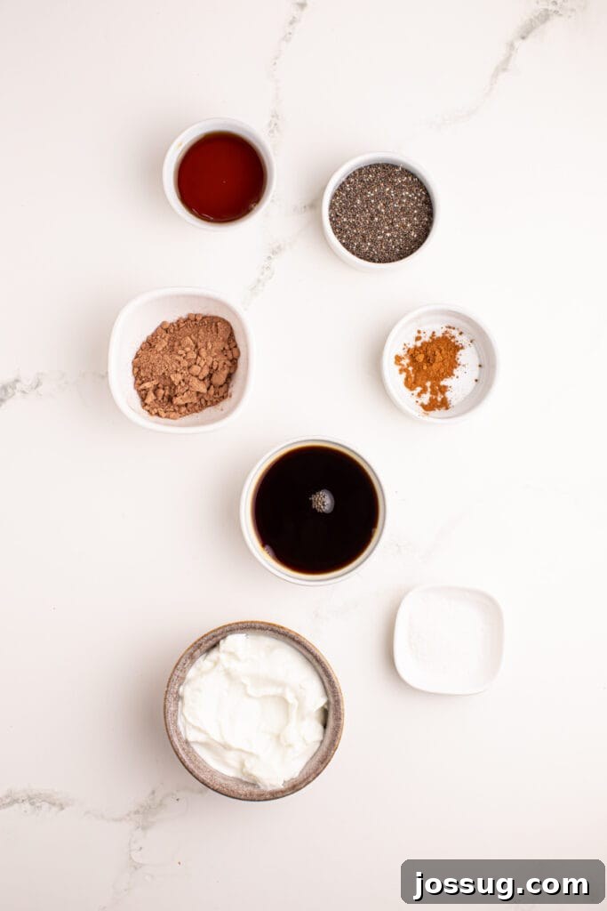 Tiramisu Chia Pudding Recipe: Coffee Cream Breakfast or Dessert 3 Ingredients for making Tiramisu Chia Pudding including Greek yogurt, coffee, chia seeds, cocoa powder, maple syrup, cinnamon, and vanilla