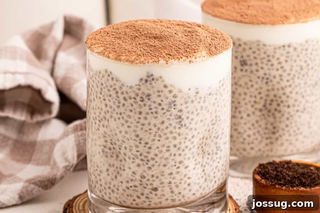 Tiramisu Chia Pudding Recipe: Coffee Cream Breakfast or Dessert 4 Creamy Tiramisu Chia Pudding topped with a thick layer of Greek yogurt and cocoa powder