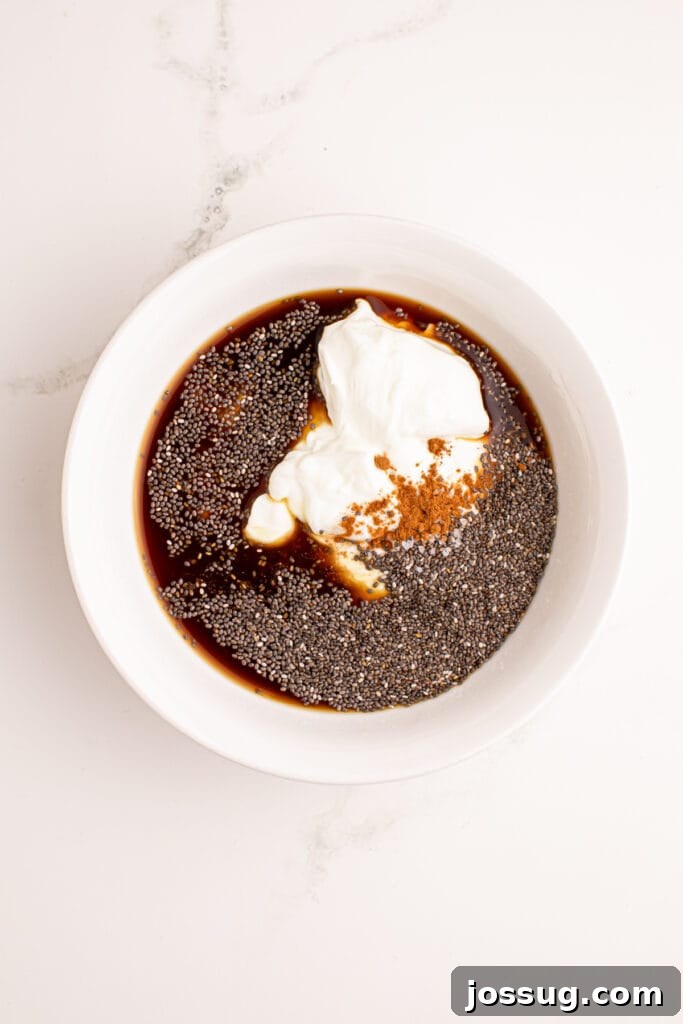 Tiramisu Chia Pudding Recipe: Coffee Cream Breakfast or Dessert 5 Greek yogurt, coffee, chia seeds, maple syrup, vanilla, and cinnamon combined to make Tiramisu Chia Pudding