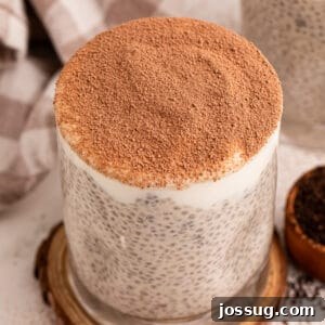 Tiramisu Chia Pudding Recipe: Coffee Cream Breakfast or Dessert 8 Tiramisu Chia Pudding with Greek yogurt and cocoa powder served in a glass