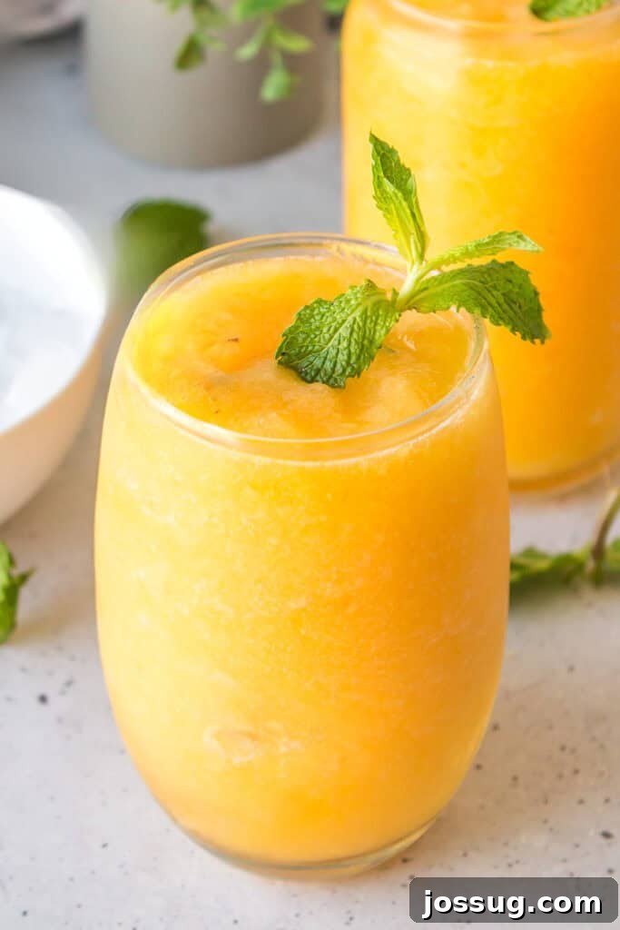 Frozen Peach Bellini Cocktail Recipe for Summer 2 Creamy Frozen Peach Bellini garnished with fresh mint in a serving glass.