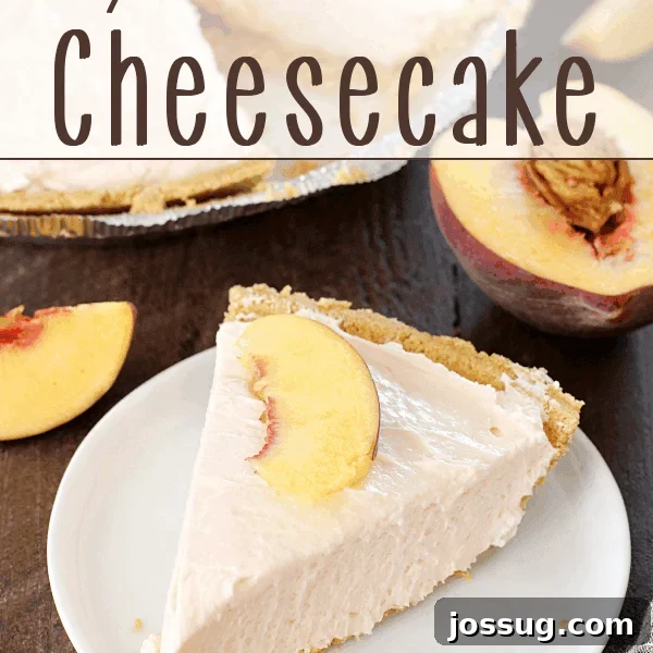 Frozen Peach Bellini Cocktail Recipe for Summer 14 No-Bake Peach Cheesecake on a white plate with a peach sliced in half.