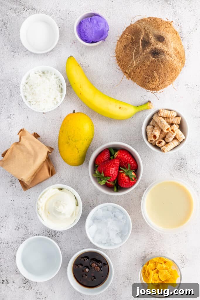 Halo-Halo: Authentic Filipino Shaved Ice Recipe 3 Ingredients for making homemade Halo Halo, including mango, strawberries, banana, ube ice cream, boba, coconut, sweetened condensed milk, and shaved ice.