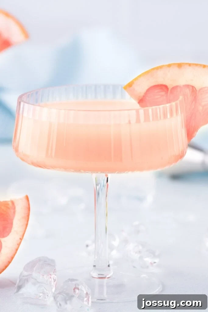 Finished Paloma Cocktail garnished with fresh grapefruit in a coupe glass.