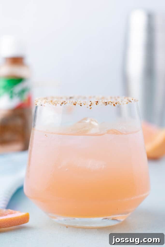 Paloma Cocktail with a Tajín-rimmed glass served over ice with fresh grapefruit.