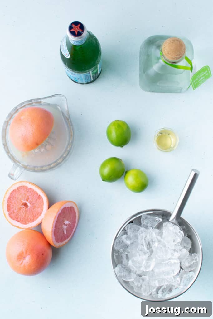 Ingredients for a fresh Paloma Cocktail arranged on a countertop with grapefruit, limes, tequila, sparkling water, agave syrup, and ice.