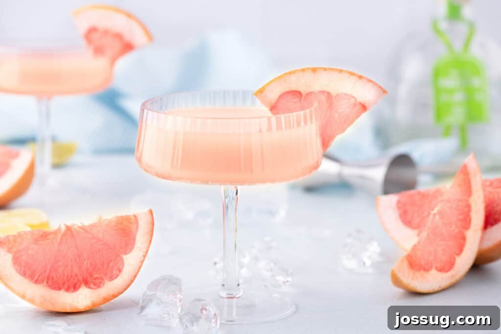 Easy Paloma Cocktail made with fresh grapefruit juice, tequila, lime, agave, and sparkling water, garnished with grapefruit slices.