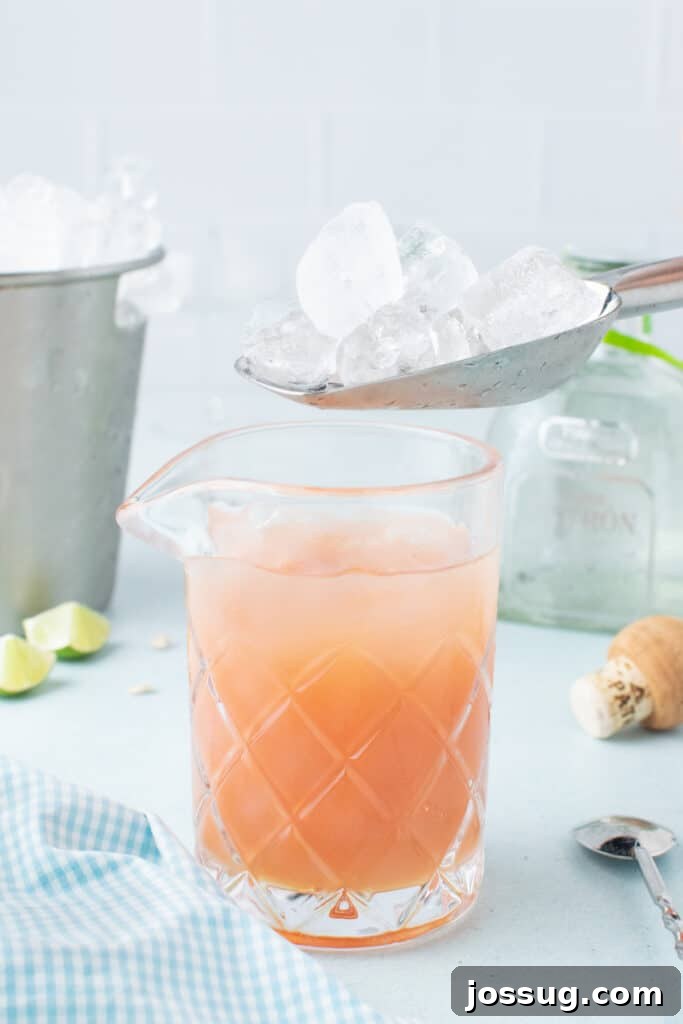 Adding ice to a mixing glass before stirring a fresh grapefruit cocktail.