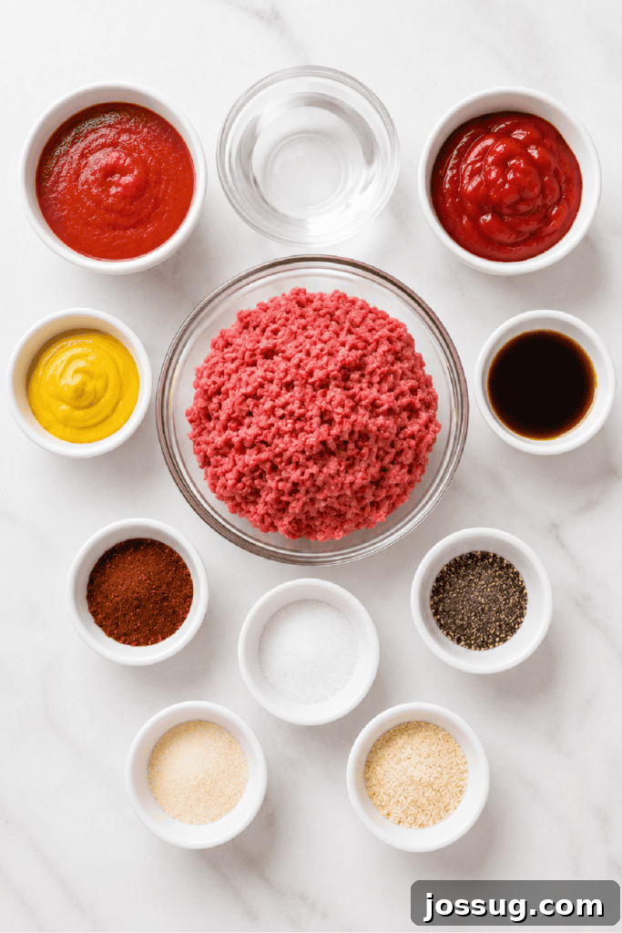 Slow Cooker Hot Dog Chili with Homemade Chili Sauce 3 Ingredients for Slow Cooker Hot Dog Chili arranged on a countertop before cooking.