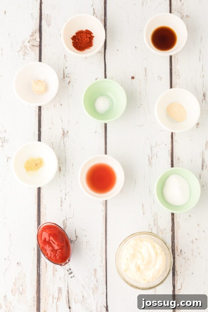 Homemade Fry Sauce Recipe: Tangy Dipping Sauce 3 Ingredients measured and arranged for making homemade Fry Sauce.