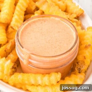 Homemade Fry Sauce Recipe: Tangy Dipping Sauce 10 Square close-up of homemade Fry Sauce with crispy crinkle-cut French fries.