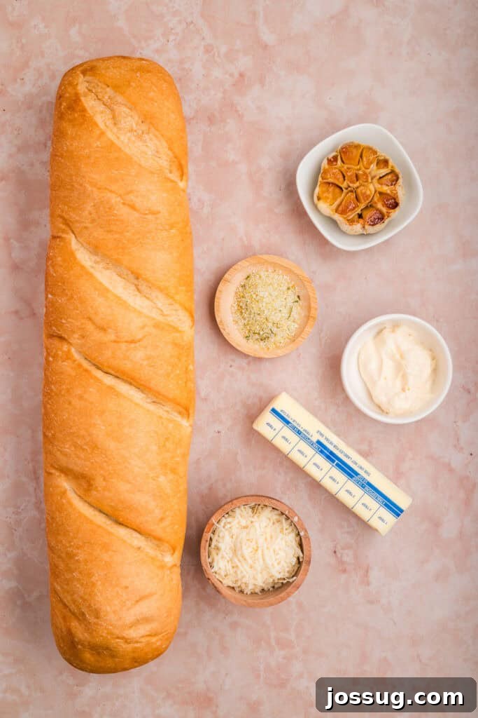 Ingredients for Grilled Garlic Bread including French bread, roasted garlic, butter, mayonnaise, Parmesan cheese, and garlic salt.
