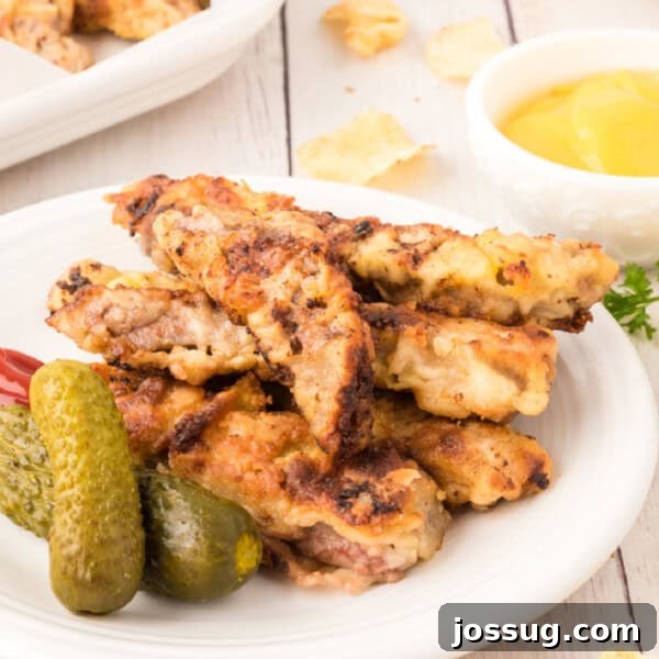steak fingers on plate with pickles