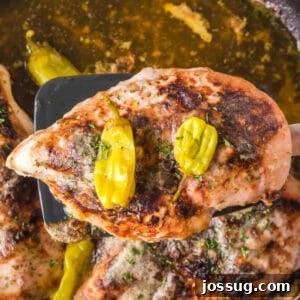 Smoked Mississippi Chicken with Ranch and Pepperoncini 12 Close-up of smoked Mississippi chicken breast topped with pepperoncini over the skillet