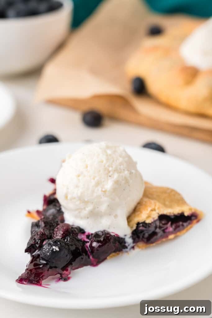 Rustic Fresh Blueberry Galette Recipe 11 Blueberry Galette served with vanilla ice cream on a white plate with fresh blueberries in the background