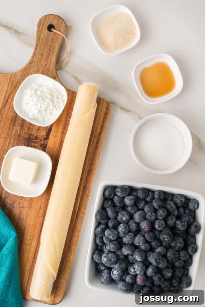 Rustic Fresh Blueberry Galette Recipe 3 Ingredients for homemade Blueberry Galette including fresh blueberries, pie crust, sugar, cornstarch, vanilla, and butter