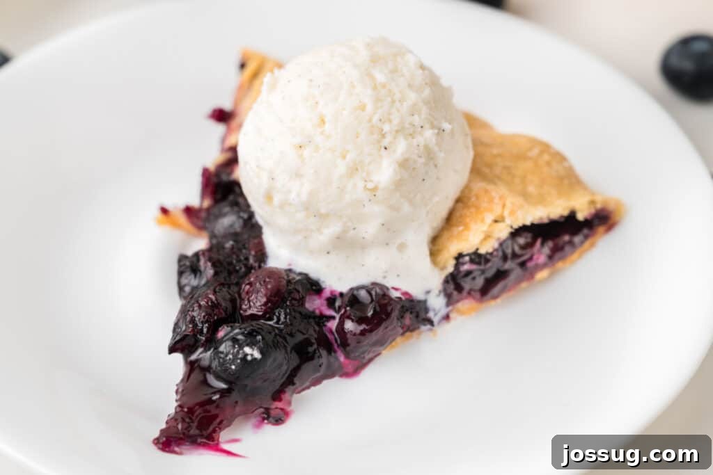 Rustic Fresh Blueberry Galette Recipe 4 Blueberry Galette slice topped with vanilla ice cream showing thick blueberry filling and flaky crust