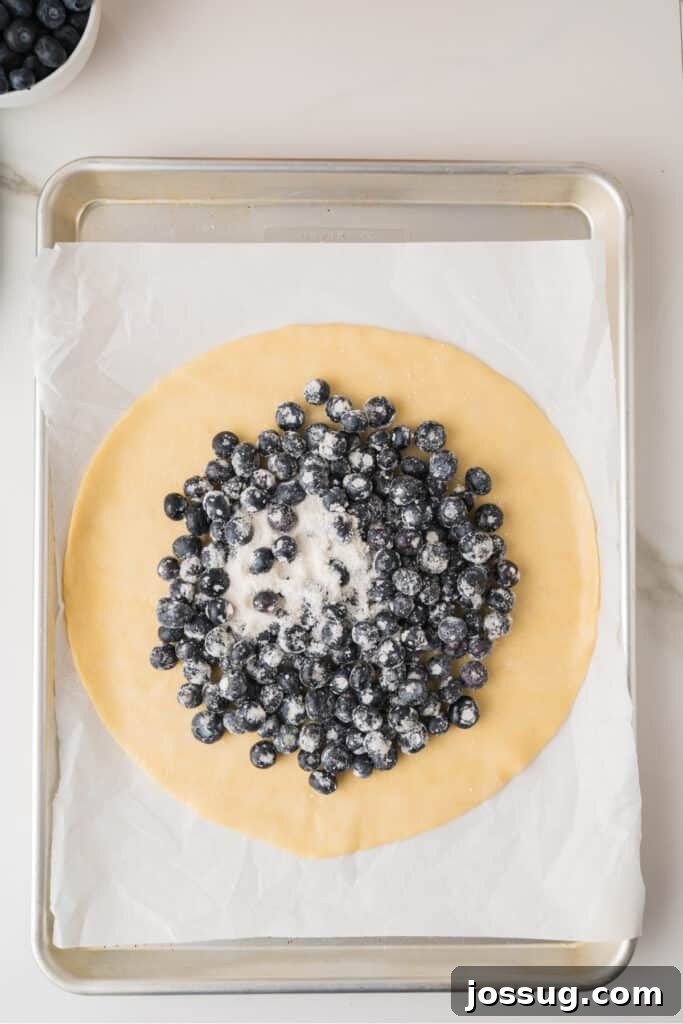 Rustic Fresh Blueberry Galette Recipe 7 Blueberry filling arranged in the center of refrigerated pie crust on a parchment-lined baking sheet