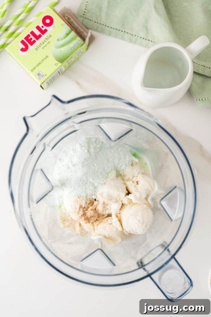 Vanilla ice cream, pistachio pudding mix, milk, and cardamom added to a blender
