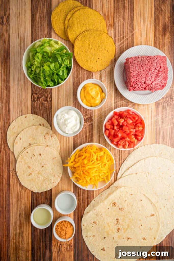 Ingredients for homemade Crunchwrap Supreme arranged on a wooden surface